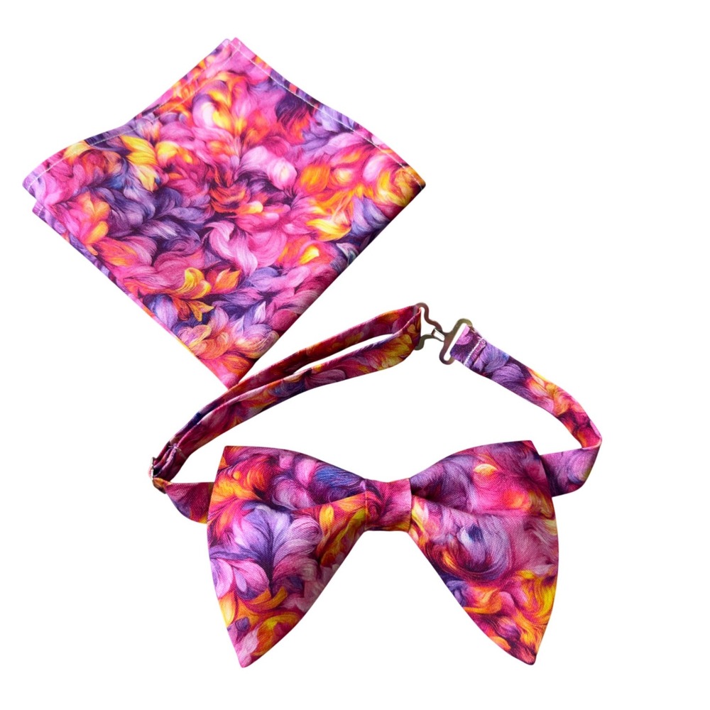 Abstract Floral Bow Tie and Pocket Square Set Purple Pink Orange Formal